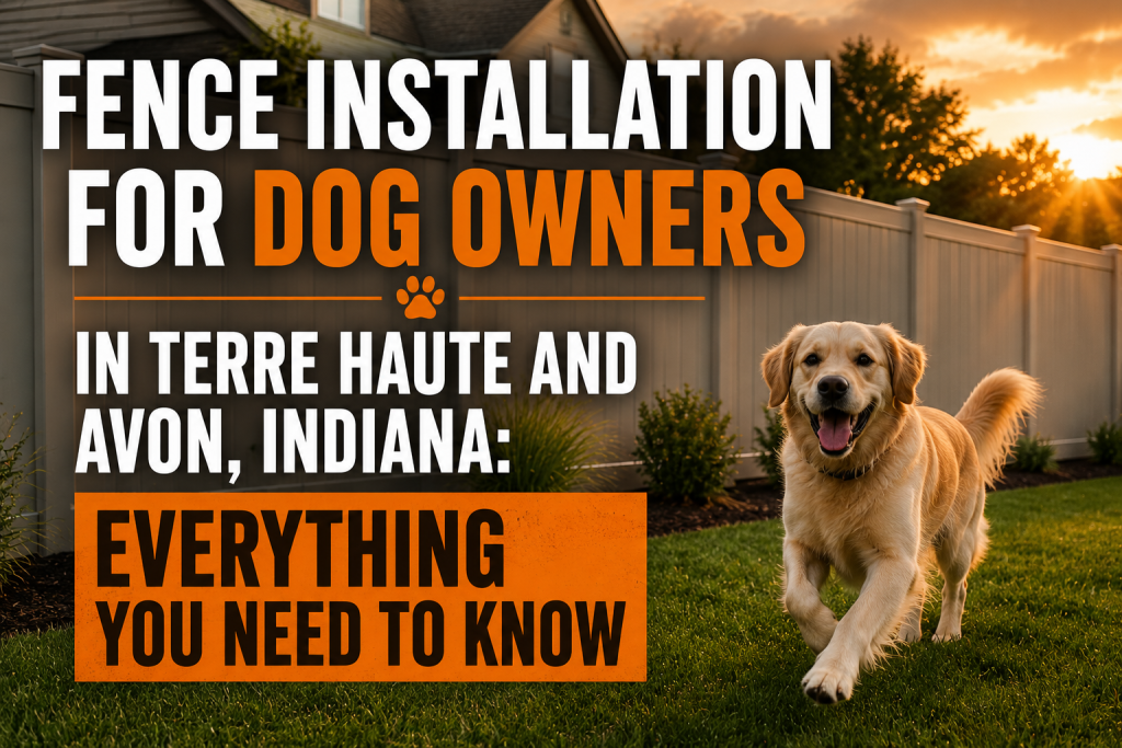 A golden retriever runs across a backyard enclosed by a white vinyl privacy fence at sunset. Large white and orange text reads, "Fence Installation for Dog Owners in Terre Haute and Avon, Indiana: Everything You Need to Know."